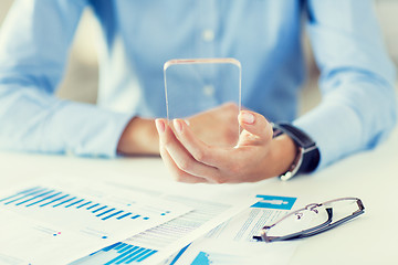 Image showing close up of woman with transparent smartphone