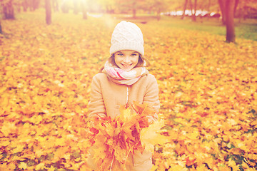 Image showing smiling little girl with autumn leaves in park