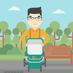 Image showing Father walking with baby stroller.