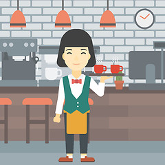 Image showing Waitress holding tray with cups of coffeee or tea.