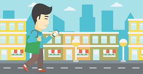 Image showing Man walking with smartphone vector illustration.