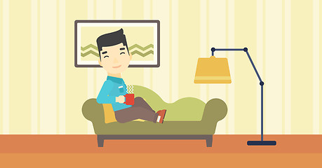 Image showing Man lying with cup of tea vector illustration.