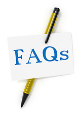 Image showing business card a ball pen and the text FAQs