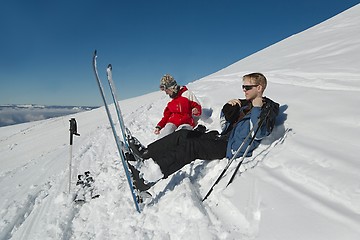 Image showing Skiers having a rest