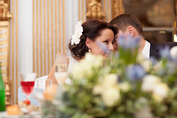 Image showing Bride and groom share a special tender moment