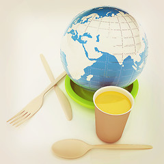 Image showing Orange juice in a fast food dishes and earth. . 3D illustration.