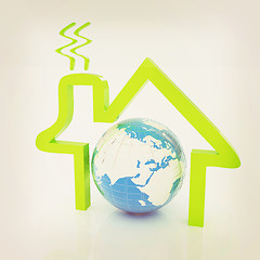 Image showing 3d green icon house, earth on white background . 3D illustration