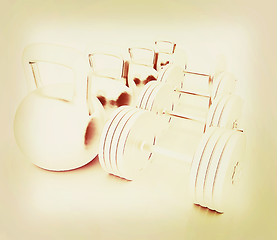 Image showing Metall weights and dumbbells . 3D illustration. Vintage style.