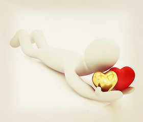 Image showing 3D human lying and holds hearts. 3D illustration. Vintage style.
