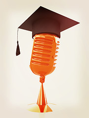 Image showing New 3d concept of education with microphone and graduation hat. 