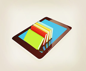 Image showing tablet pc and colorful real books. 3D illustration. Vintage styl