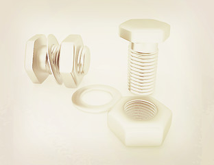 Image showing stainless steel bolts with a nuts and washers. 3D illustration. 