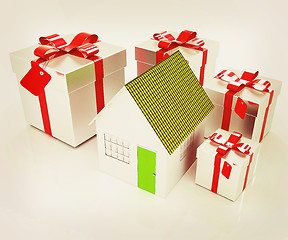 Image showing House and gifts. 3D illustration. Vintage style.