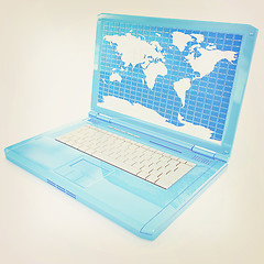 Image showing Laptop with world map on screen. 3D illustration. Vintage style.