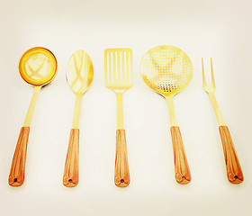 Image showing gold cutlery on white background . 3D illustration. Vintage styl