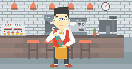 Image showing Waiter holding bottle of wine vector illustration.