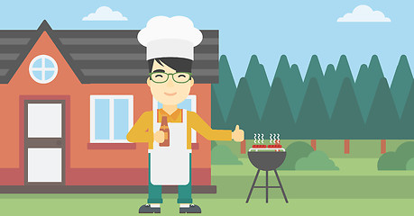 Image showing Man cooking meat on gas barbecue grill.