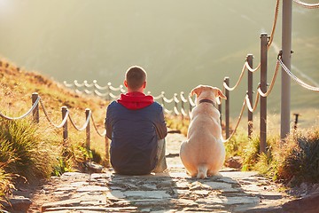 Image showing Man with dog on the trip in the mountains