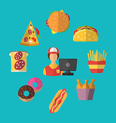 Image showing Set Fast Food Flat Icons with Cashier Seller