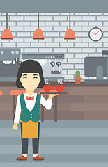 Image showing Waitress holding tray with cups of coffeee or tea.