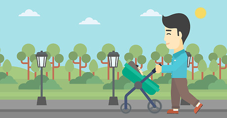 Image showing Father walking with his baby in stroller.