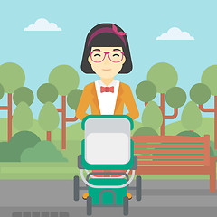 Image showing Mother walking with baby stroller.