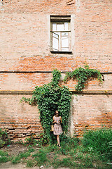 Image showing Young woman in dress with coffee to go on green hedge