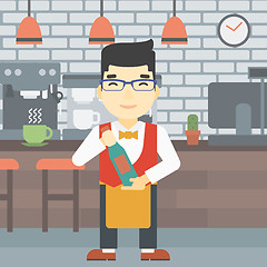 Image showing Waiter holding bottle of wine vector illustration.