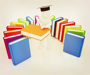 Image showing 3d white man in a graduation hat with useful books - best gift a