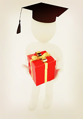 Image showing 3d man in graduation hat with gift on a white background. 3D ill