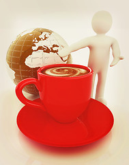 Image showing 3d people - man, person presenting - Mug of coffee with milk. Gl