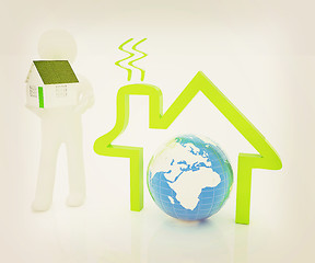 Image showing 3d man, house icon and earth. 3D illustration. Vintage style.