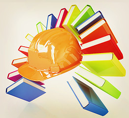 Image showing Colorful books like the rainbow and hard hat . 3D illustration. 