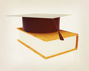 Image showing Graduation hat on a leather book. 3D illustration. Vintage style