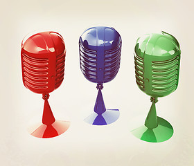 Image showing 3d rendering of a microphones. 3D illustration. Vintage style.