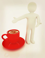 Image showing 3d people - man, person presenting - Mug of coffee with milk. 3D