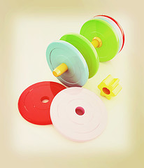 Image showing Colorful dumbbells are assembly and disassembly on a white backg