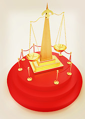 Image showing Gold scales of justice on 3d carpeting podium with gold handrail