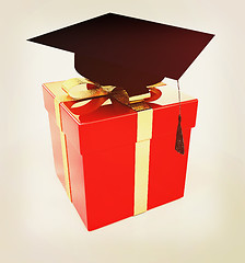 Image showing graduation hat on a red gift. 3D illustration. Vintage style.