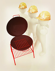 Image showing 3d mans in a hard hat with thumb up and barbecue grill. 3D illus