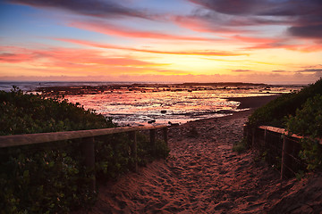 Image showing Sandy path to the beach at dawn sunrise