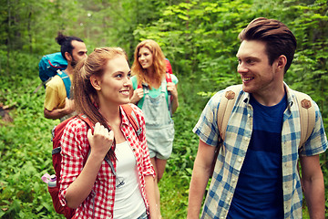 Image showing group of smiling friends with backpacks hiking