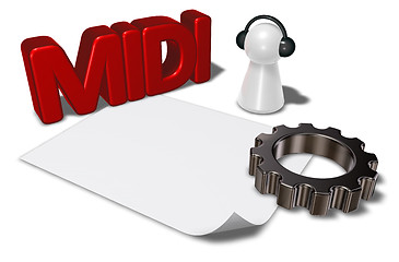 Image showing midi tag, gear wheel and pawn with headphones - 3d rendering