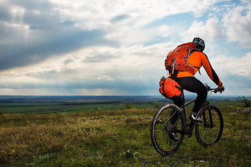 Image showing Young man cycling on a rural road through green meadow