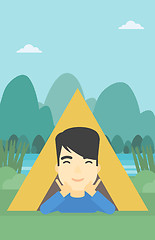 Image showing Man lying in camping tent vector illustration.