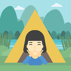 Image showing Woman lying in camping tent vector illustration.