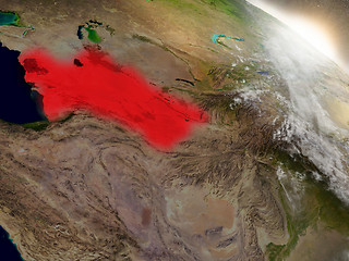 Image showing Turkmenistan from space highlighted in red