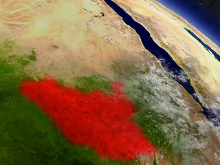 Image showing South Sudan from space highlighted in red