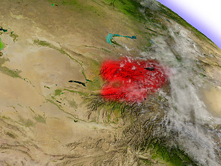 Image showing Kyrgyzstan from space highlighted in red