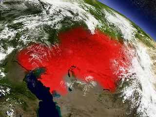 Image showing Kazakhstan from space highlighted in red